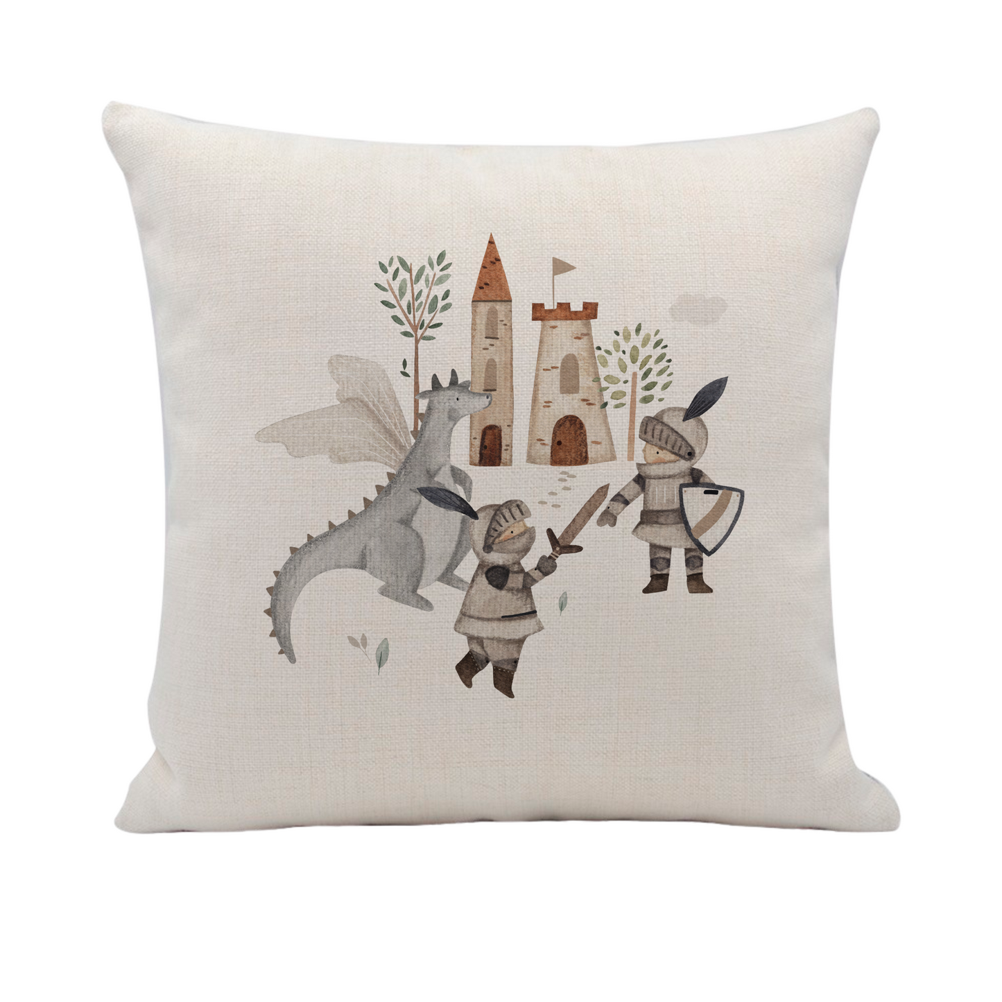 a white pillow with a picture of a knight and a dragon on it