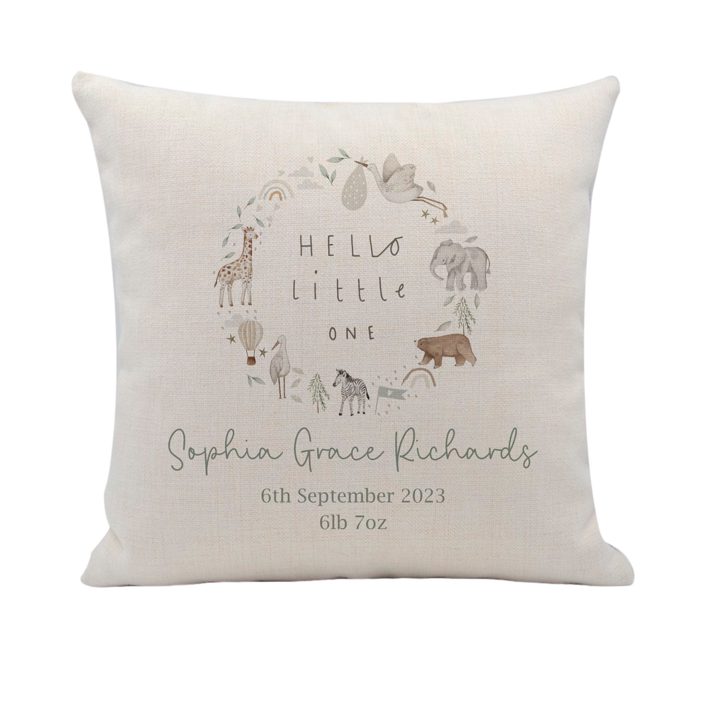 a white pillow with a picture of animals on it