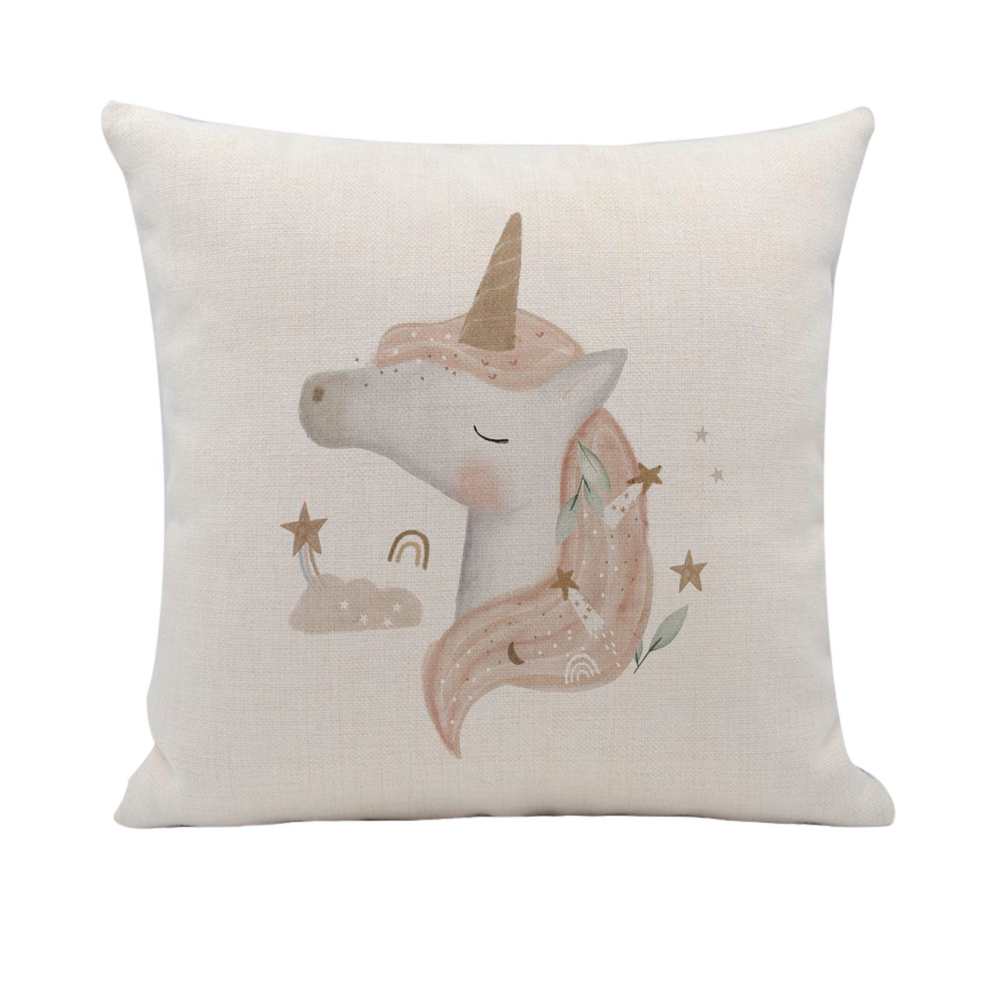 a white pillow with a pink unicorn on it
