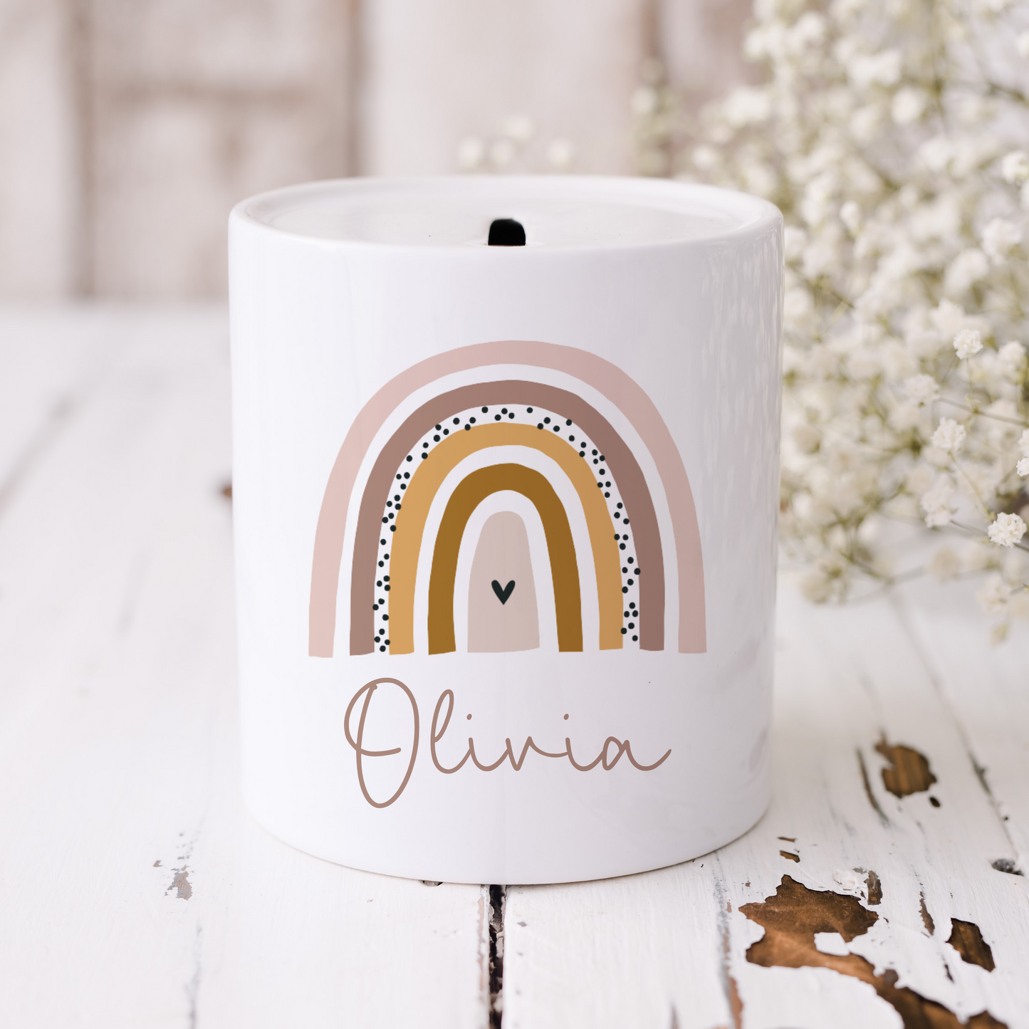 White ceramic money box with boho rainbow and personalised with name