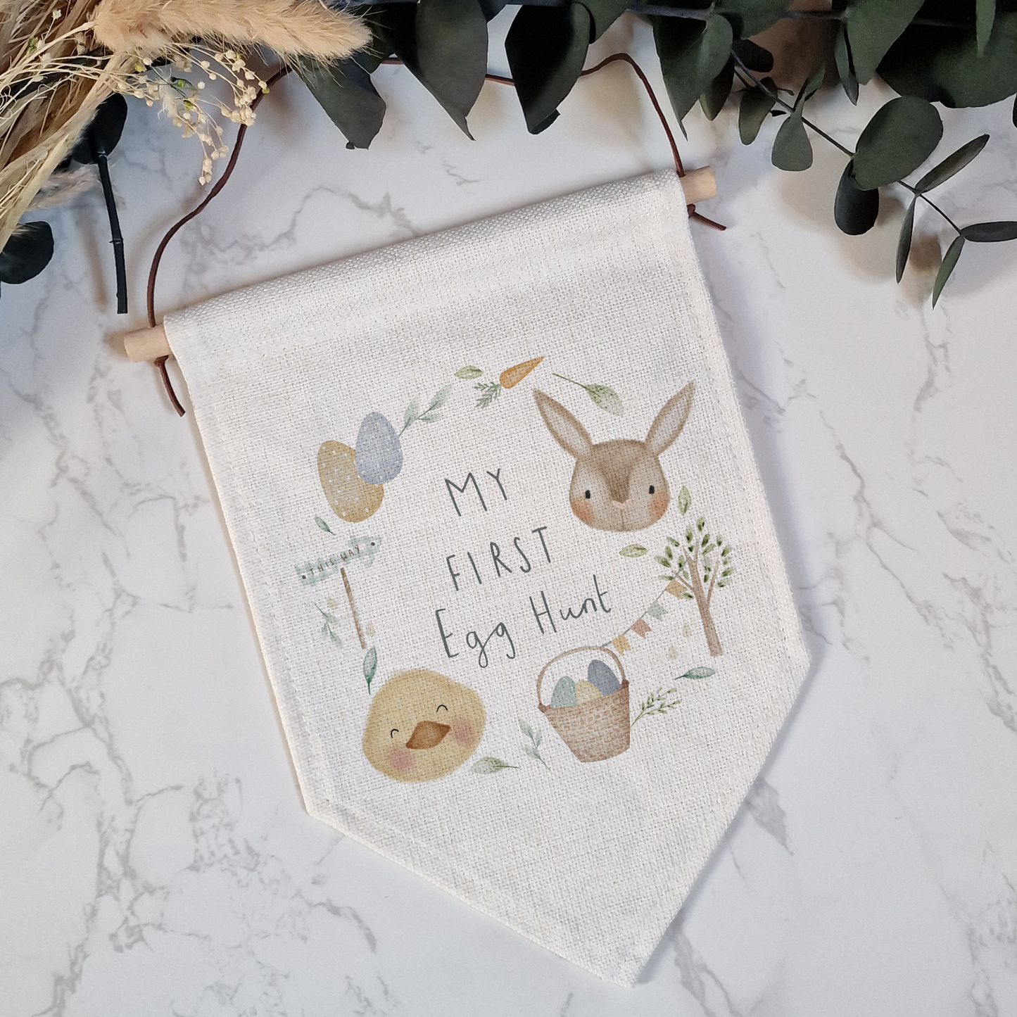 linen pennant flag for my first easter. With decorative bunny and easter chick, easter eggs illustrations