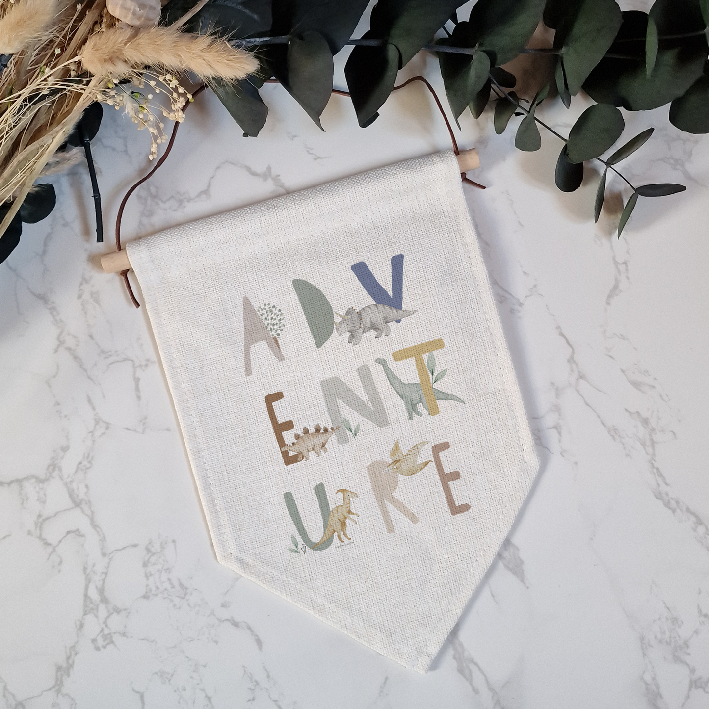 Off white linen banner pennant with dinosaur adventure illustration