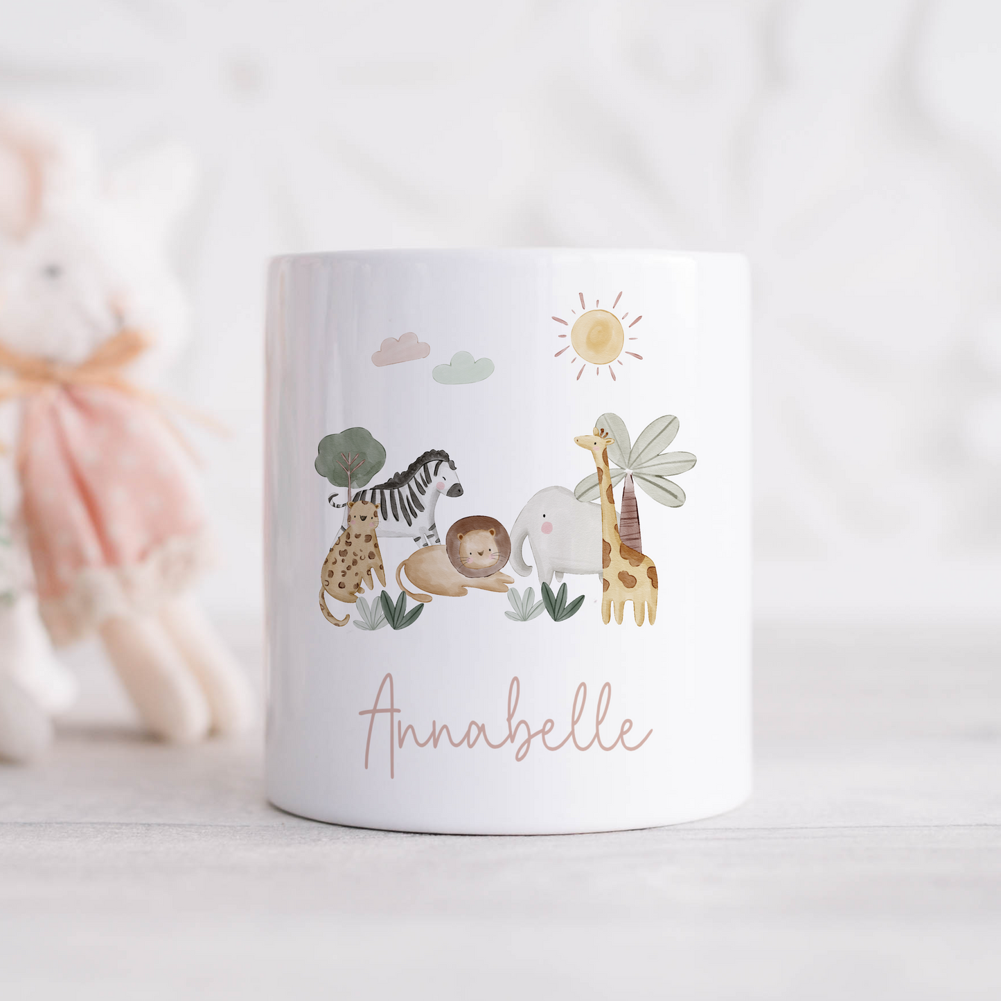 ceramic money box with jungle safari animals, personalised with name