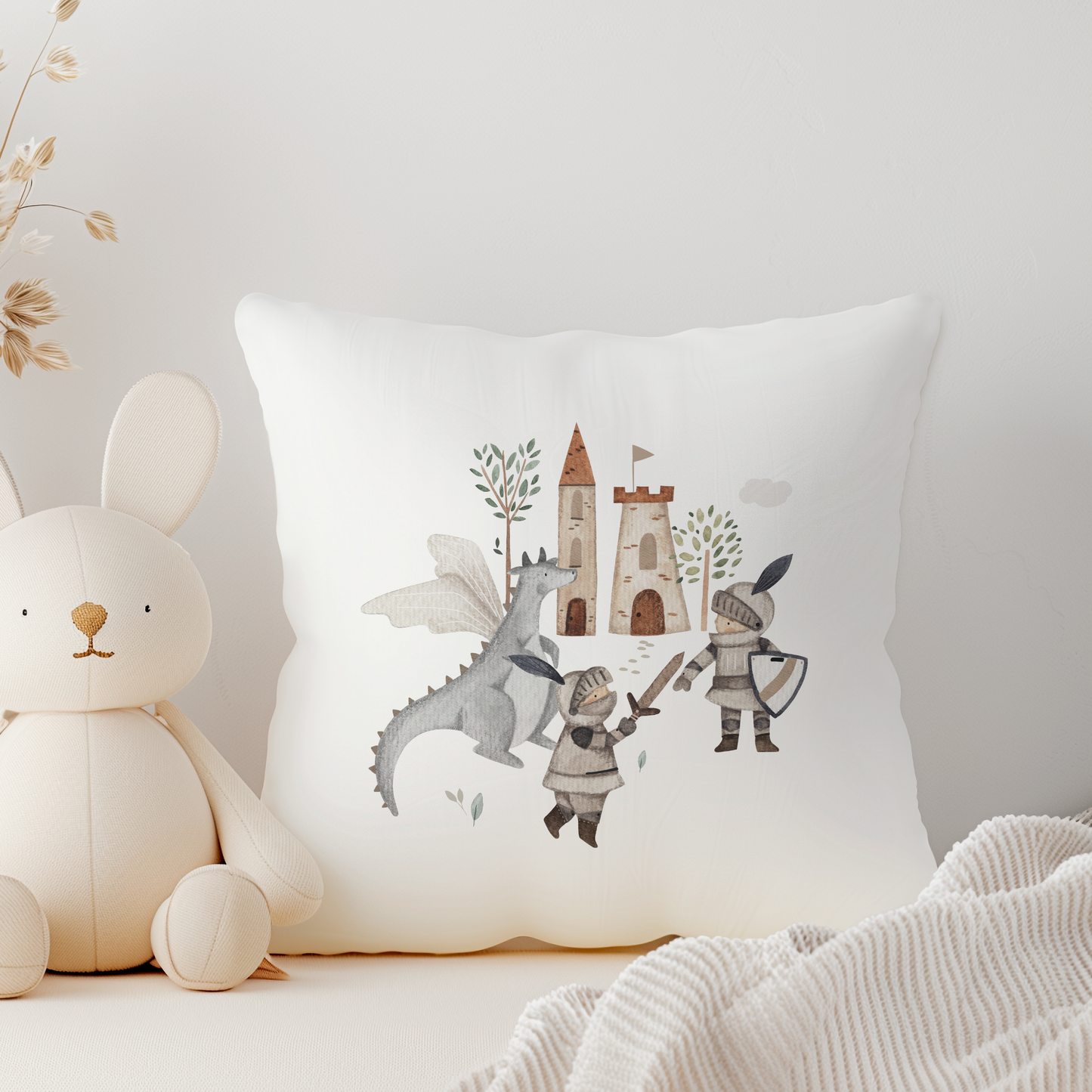 White canvas cushion cover with knights and dragon illustration