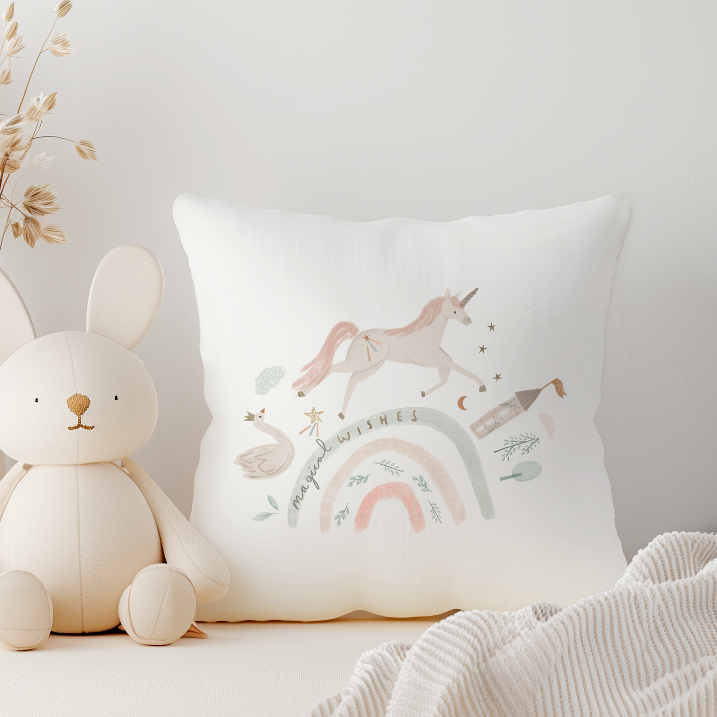 White pillow with magical unicorn, rainbow and swan
