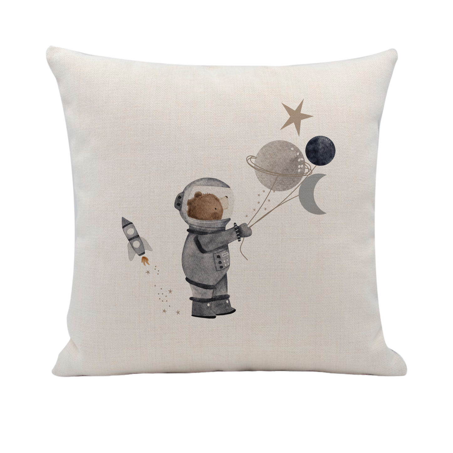 a pillow with an astronaut holding a balloon