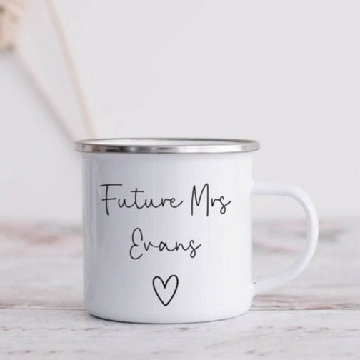 White enamel mug Future Mrs with heart doodle. Personalised with surname