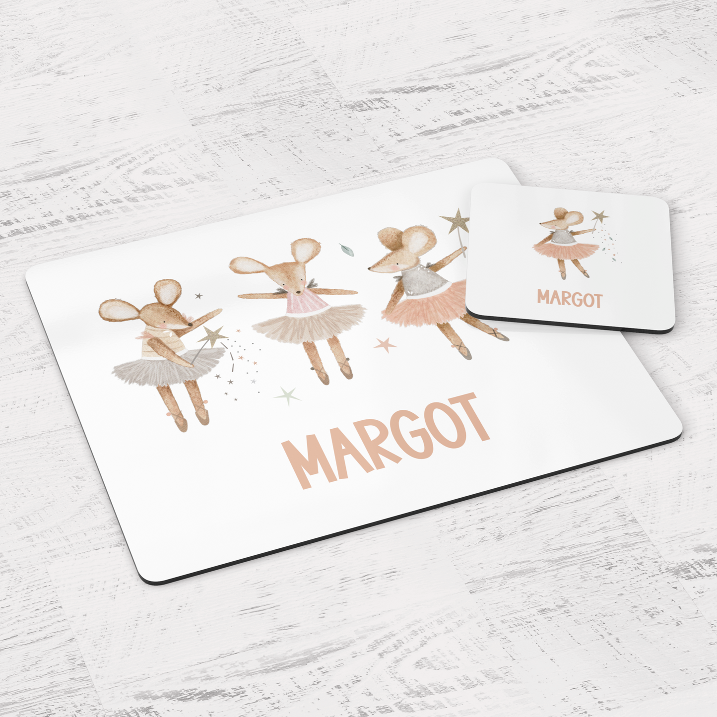 White placemat and coaster set. With ballerina mouse illustration on coaster and three ballerina mice on placemat. Personalised with name in pink font.