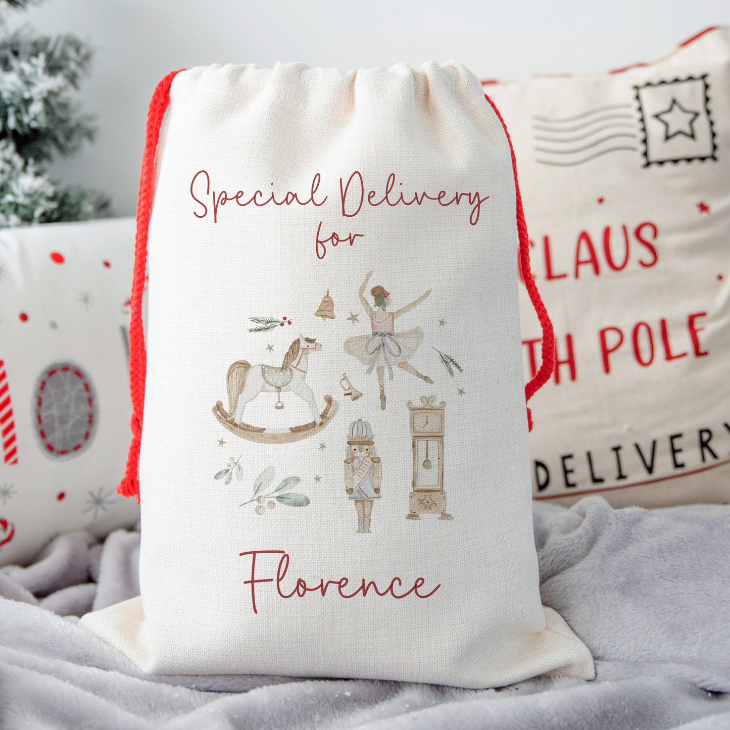 Christmas Gift Bag with traditional Christmas illustration. Personalised with name and special delivery for text