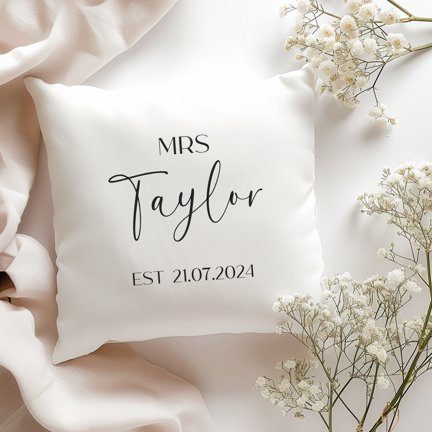 a white pillow with the words mrs taylor on it