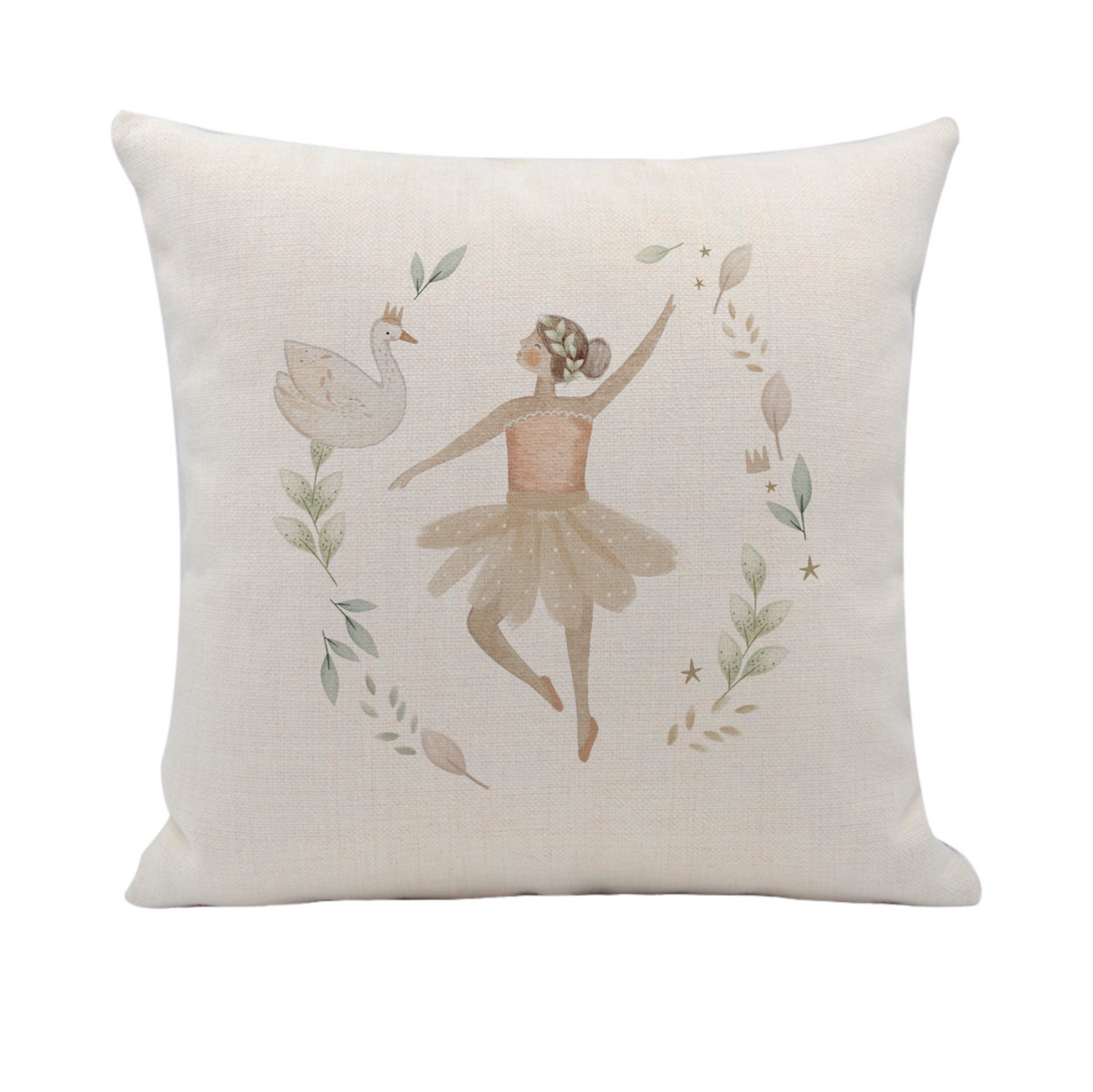 Decorative pillow with a ballerina and floral design on a white background