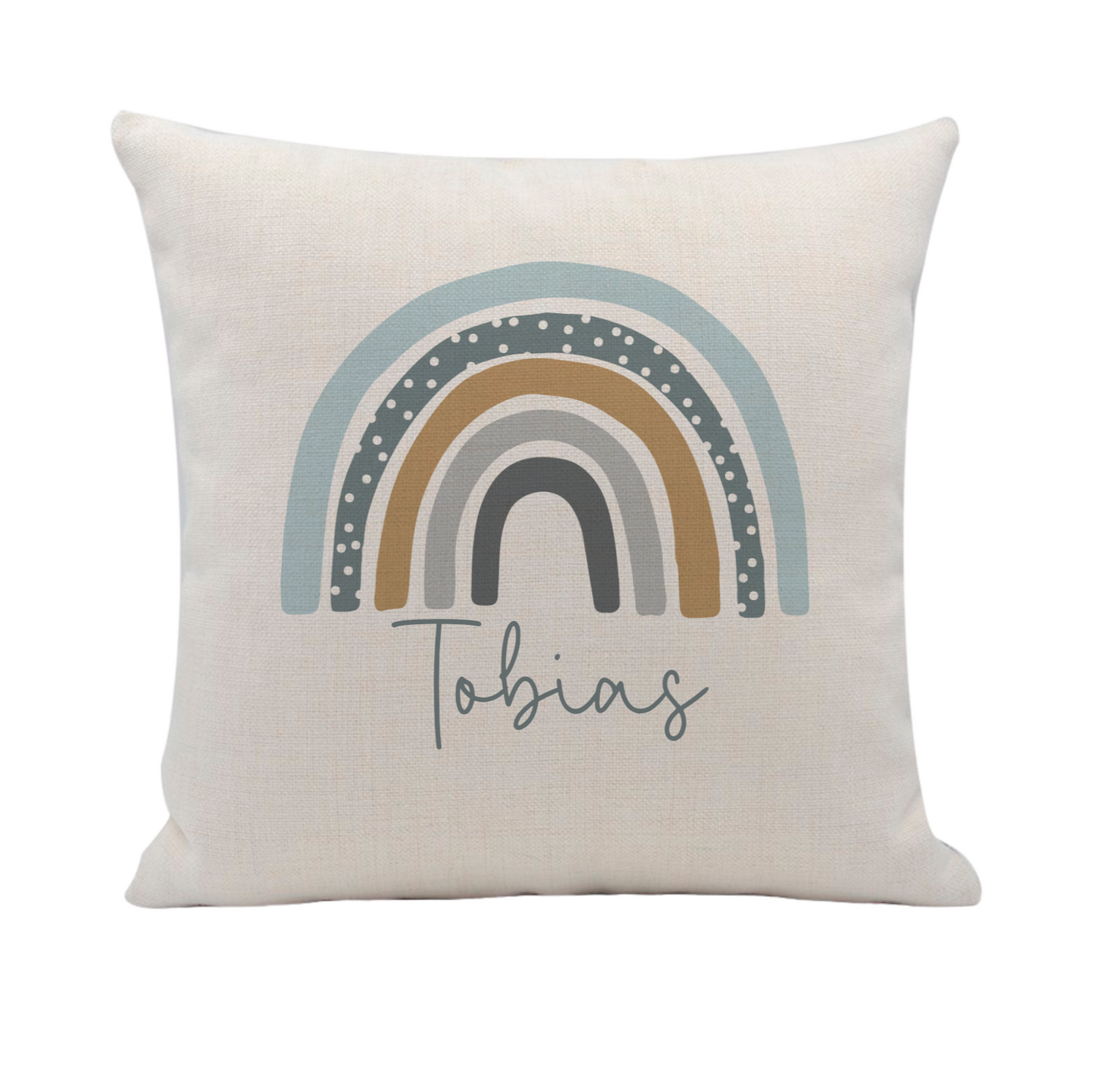 Decorative pillow with a blue rainbow design and the name 'Tobias' on a white background