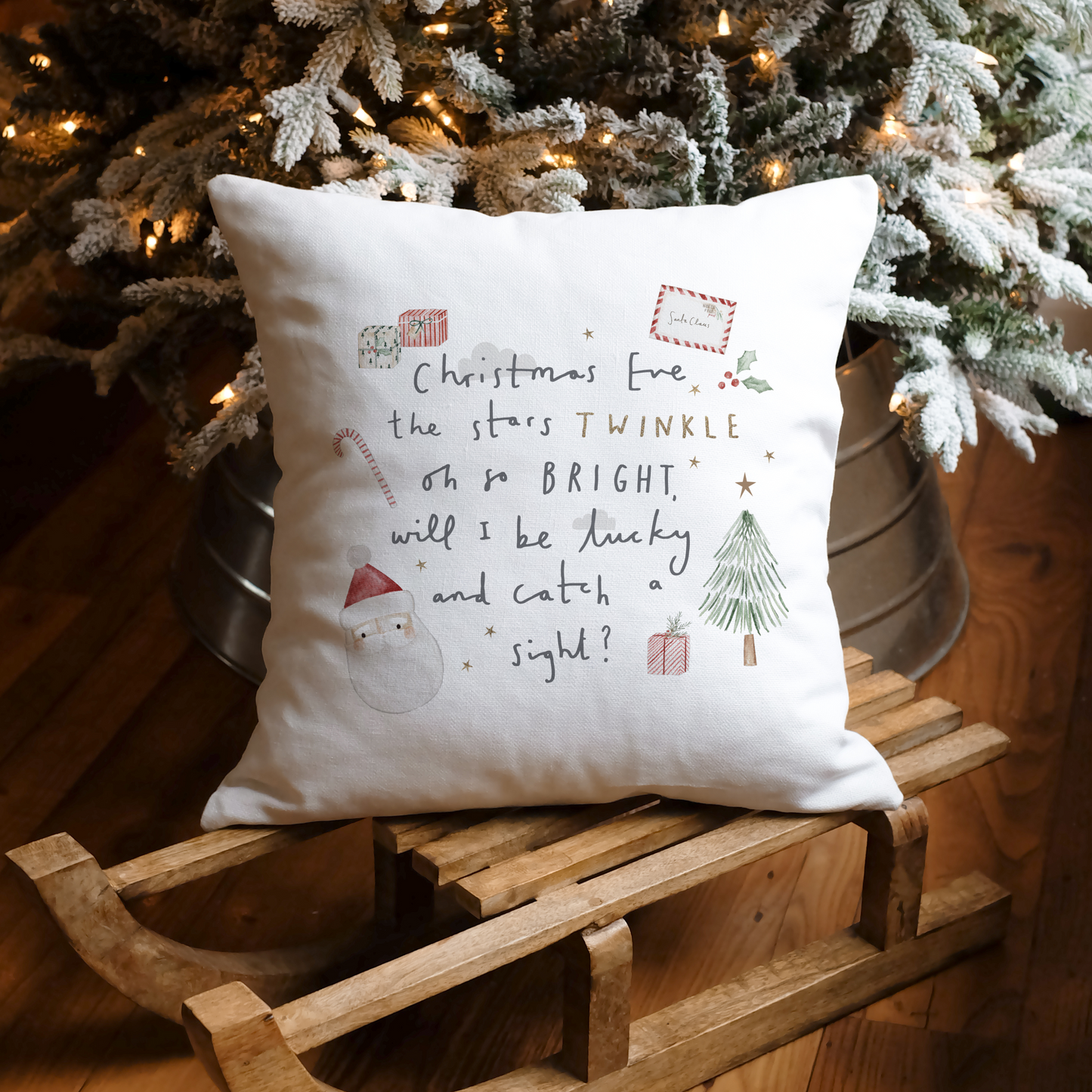 a white pillow sitting on top of a wooden sled, with christmas eve poem