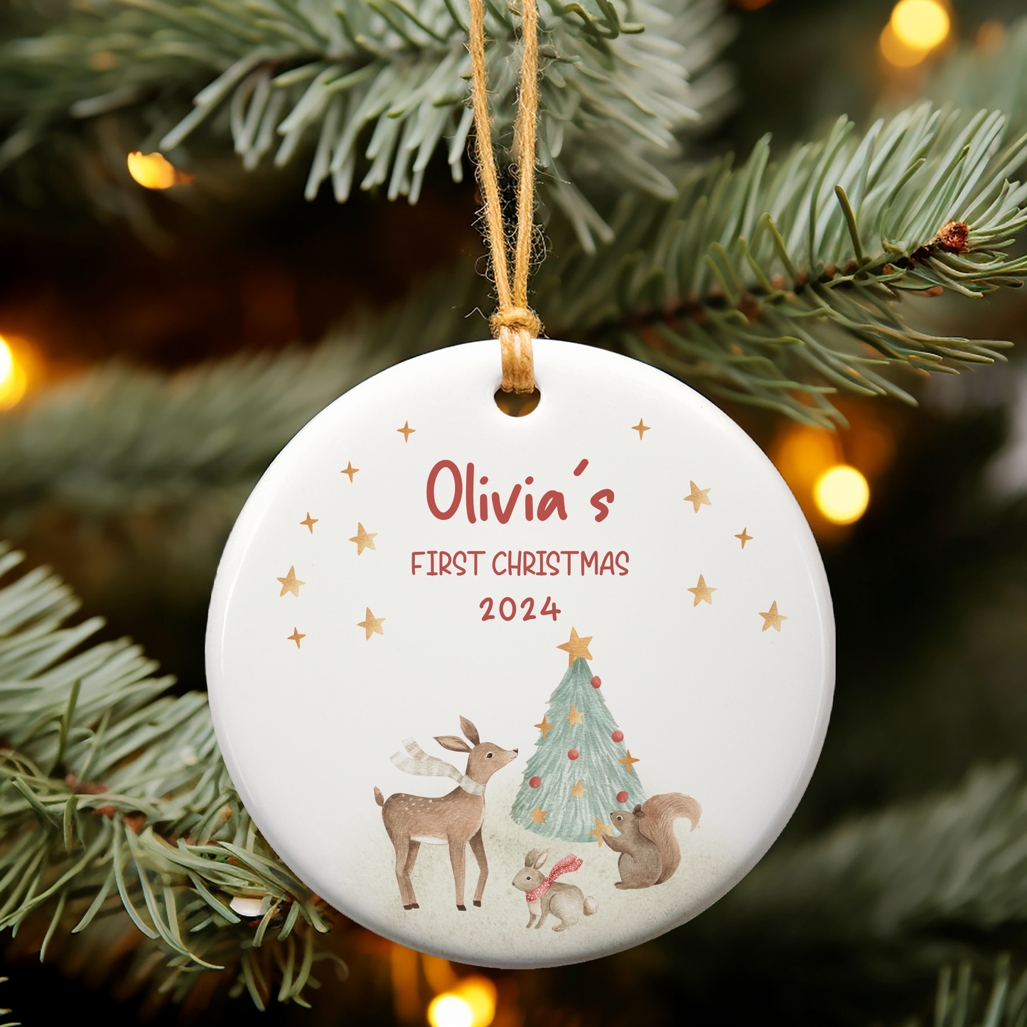 White ceramic ornament for childs First Christmas. Deer and Christmas Tree illustration.