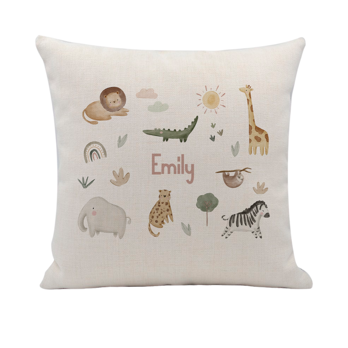 Decorative pillow with animal illustrations and the name 'Emily' on a white background
