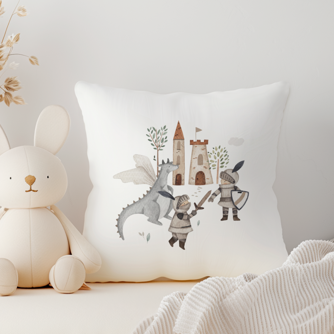 White canvas cushion cover with knights and dragons illustration