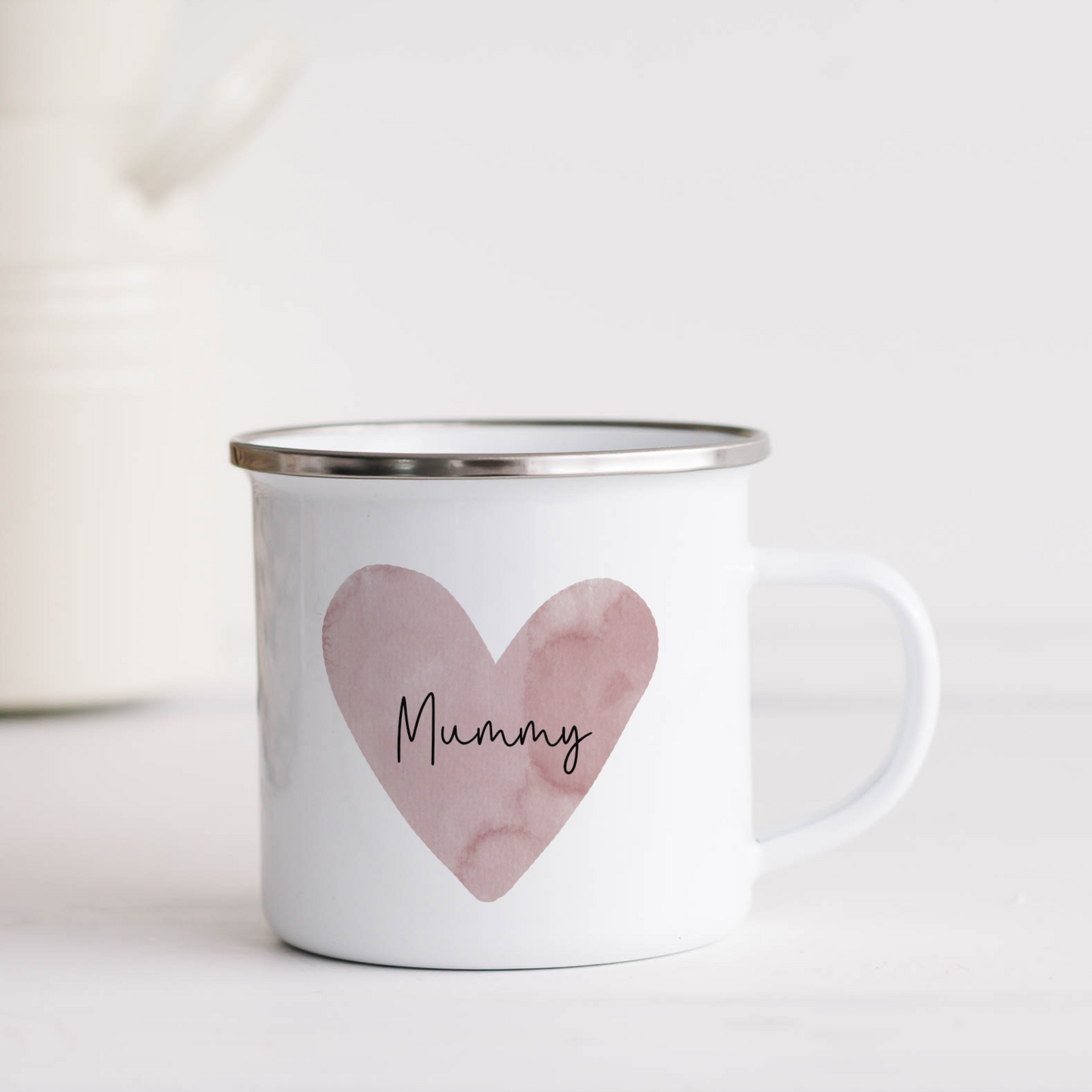 White enamel mug with watercolour heart and text "mummy"