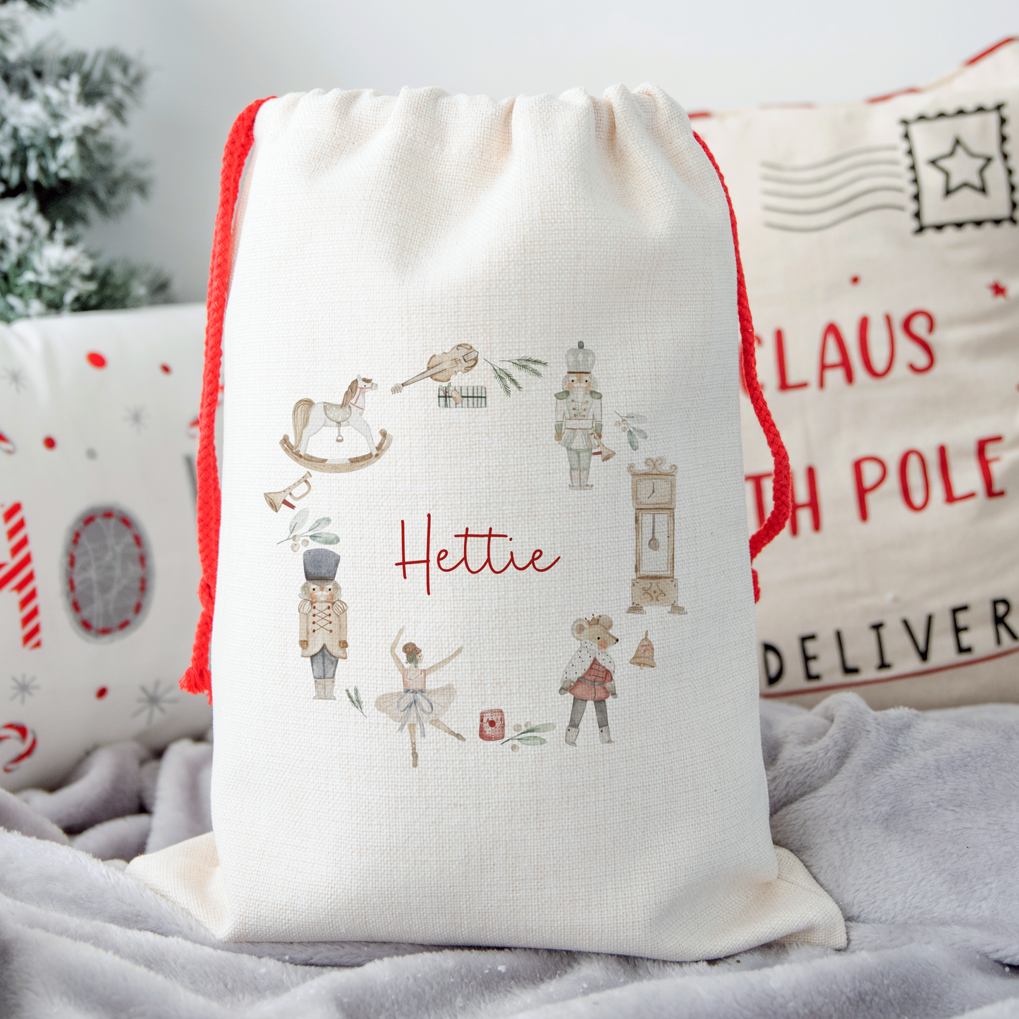 Personalised Santa Sack with traditional Christmas illustration wreath.