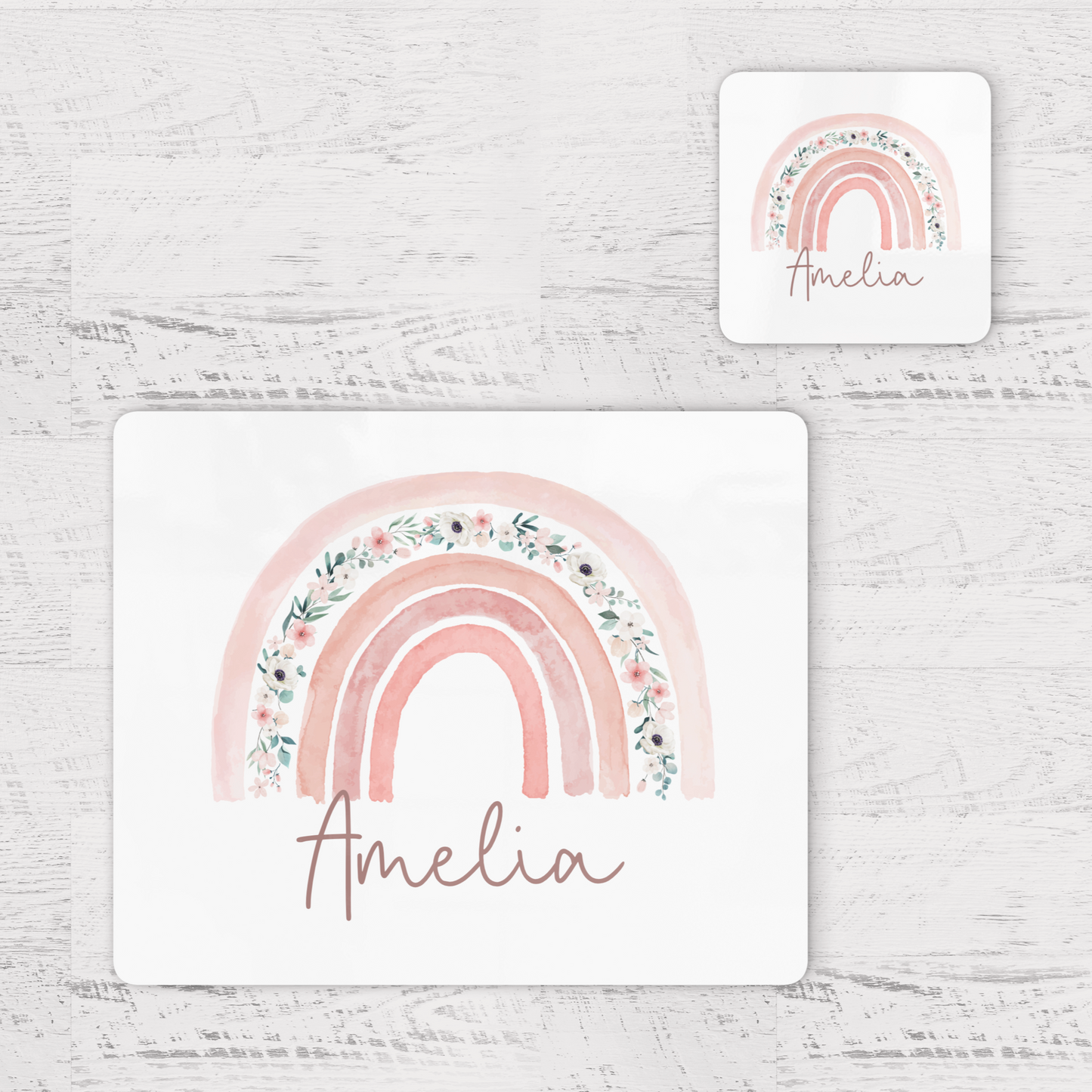 Personalised Pink Floral Rainbow Children's Placemat and Coaster
