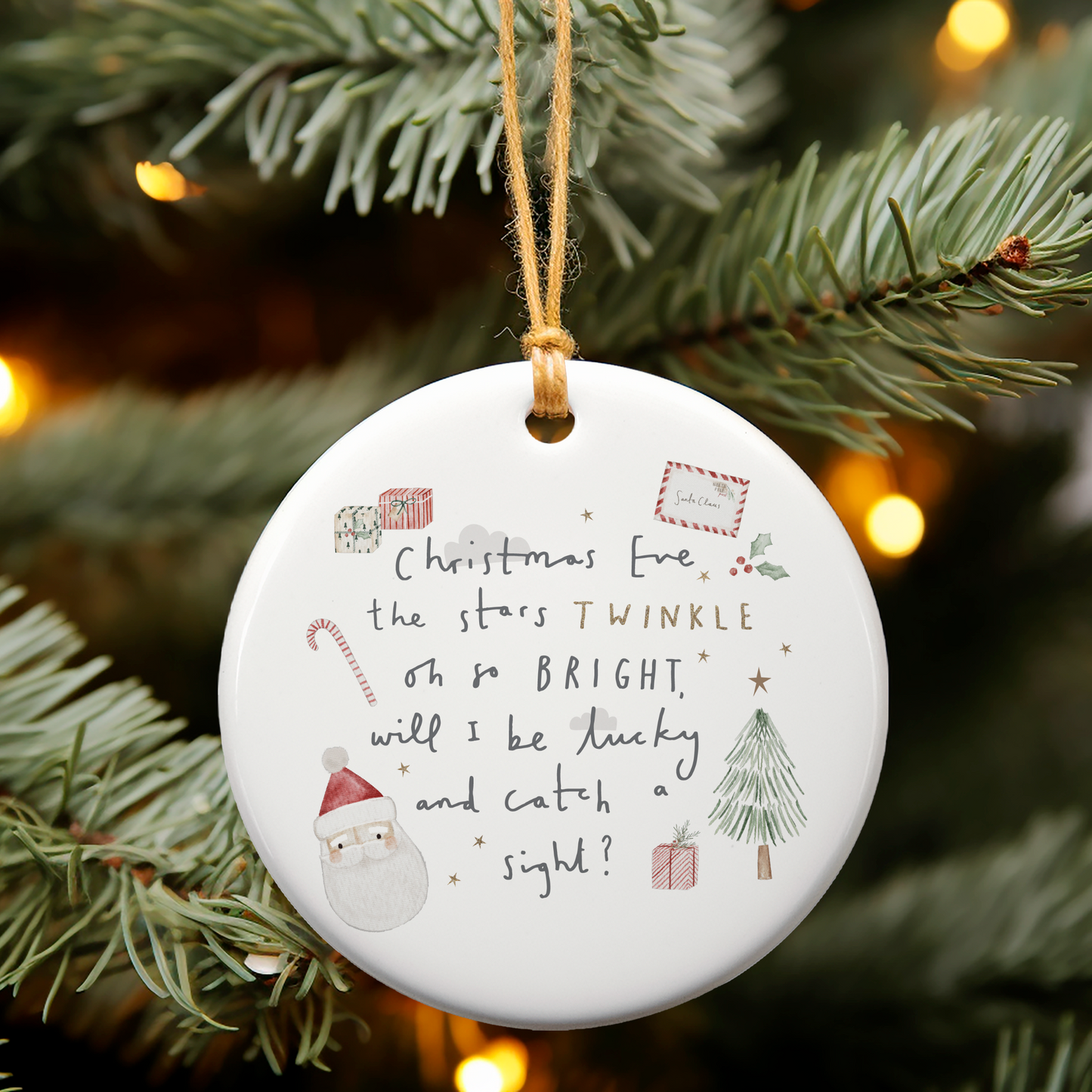 White ceramic Christmas eve poem ornament with santa, candy cane and christmas tree illustration.