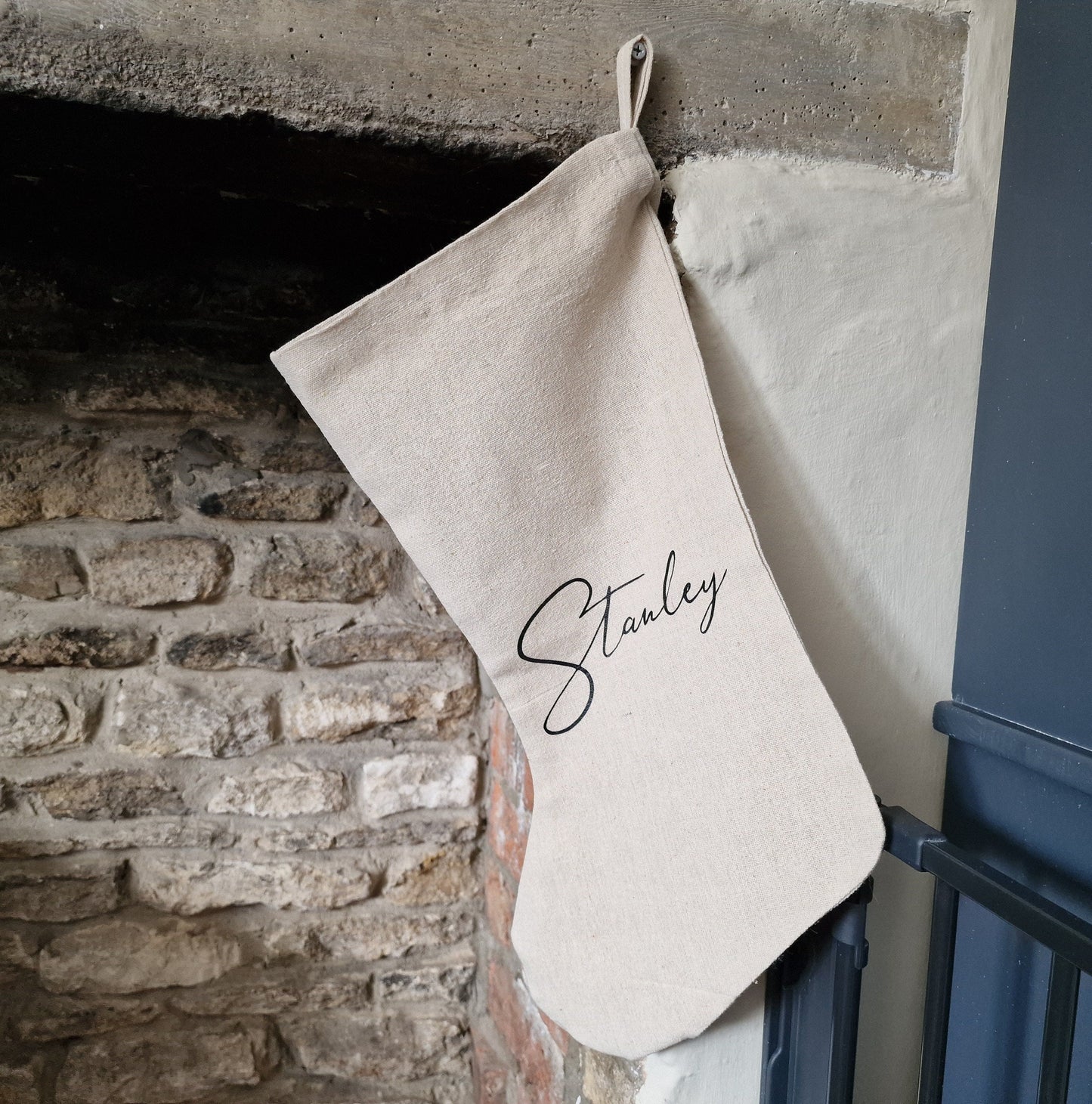 Minimalist Linen Christmas Stocking, personalised with name in black font