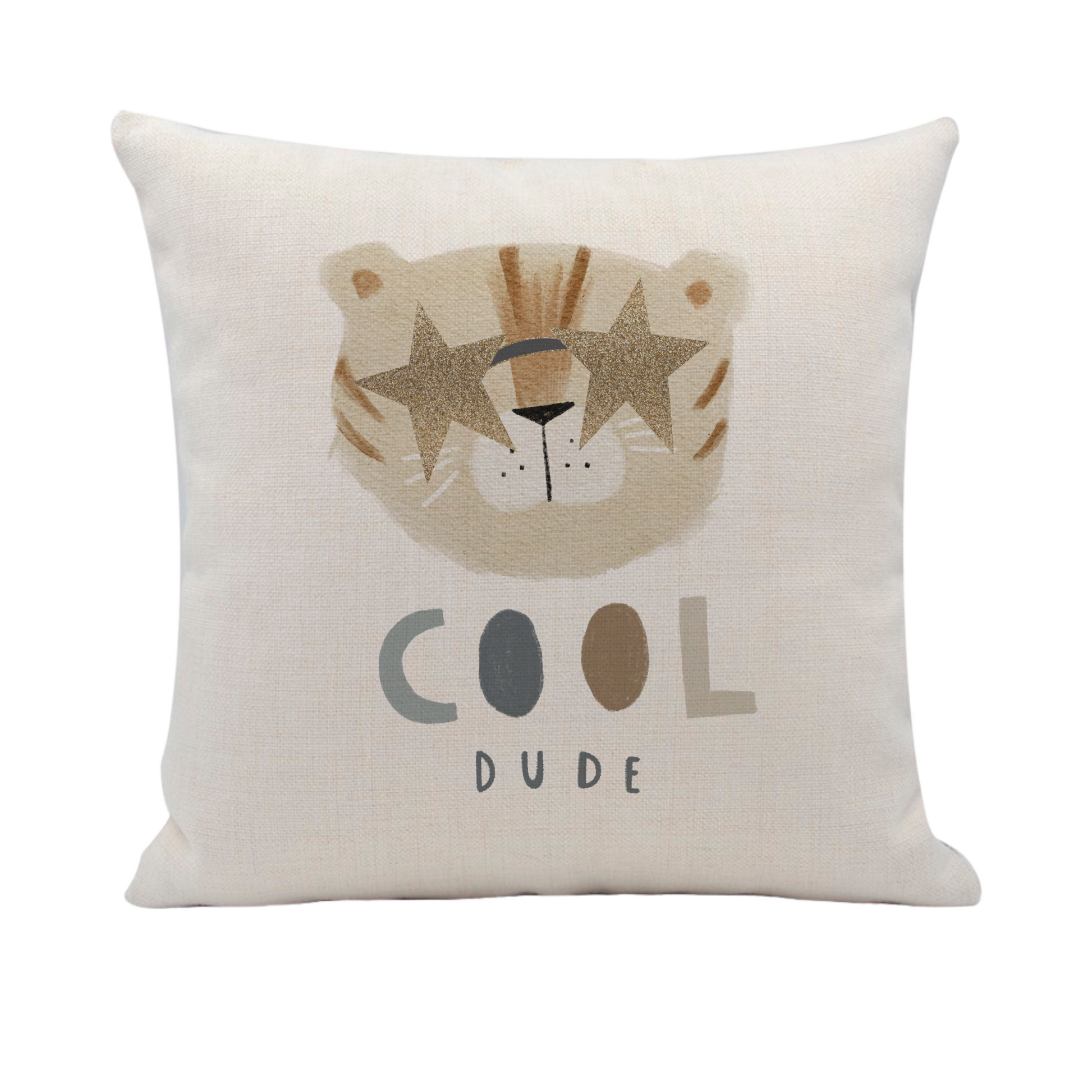 a white pillow with a picture of a tiger on it