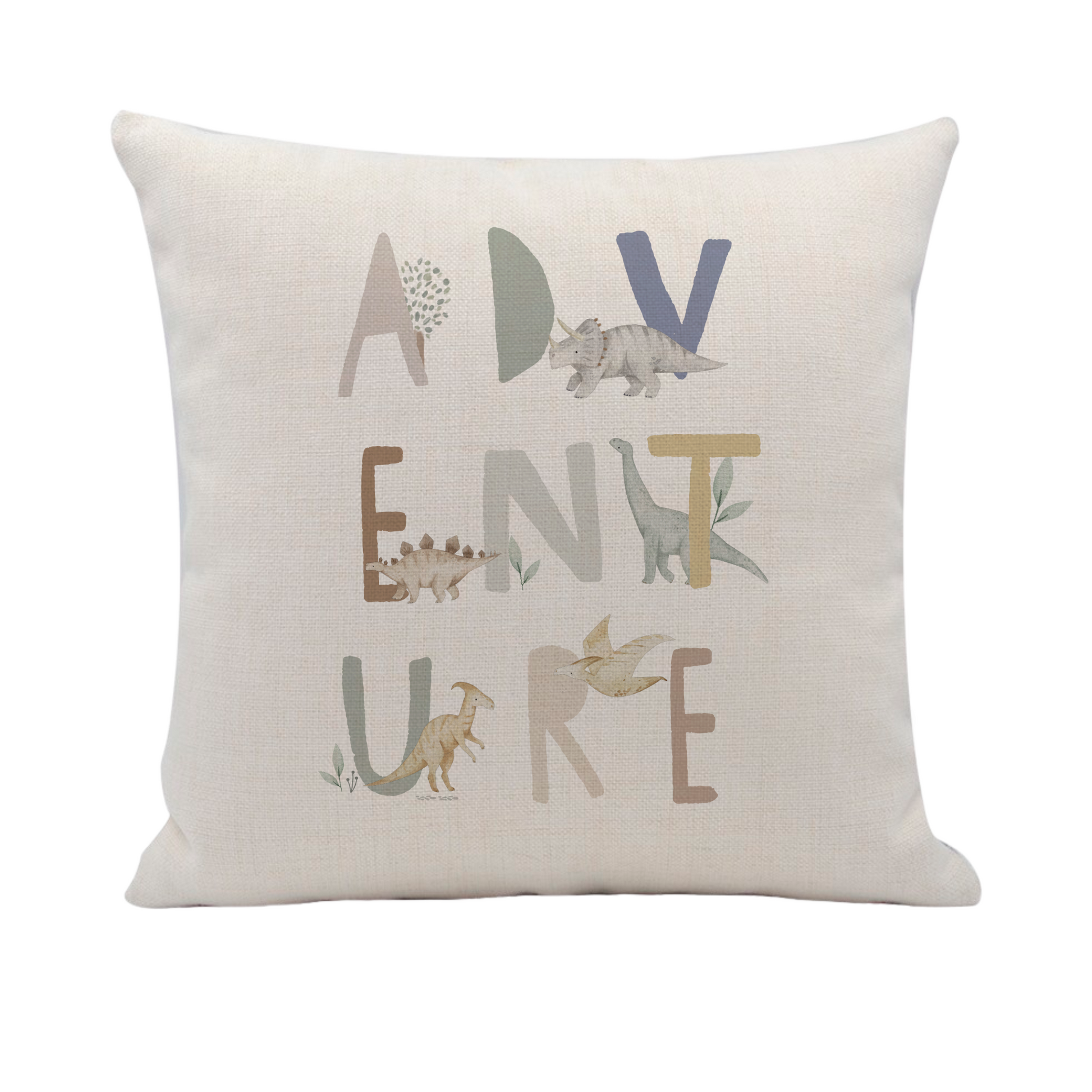 a white pillow with a dinosaur print on it