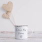 White enamel mug Future Mrs with heart doodle.  Personalised with surname