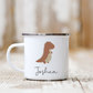 White enamel mug with rust boho dinosaur, personalised with name.