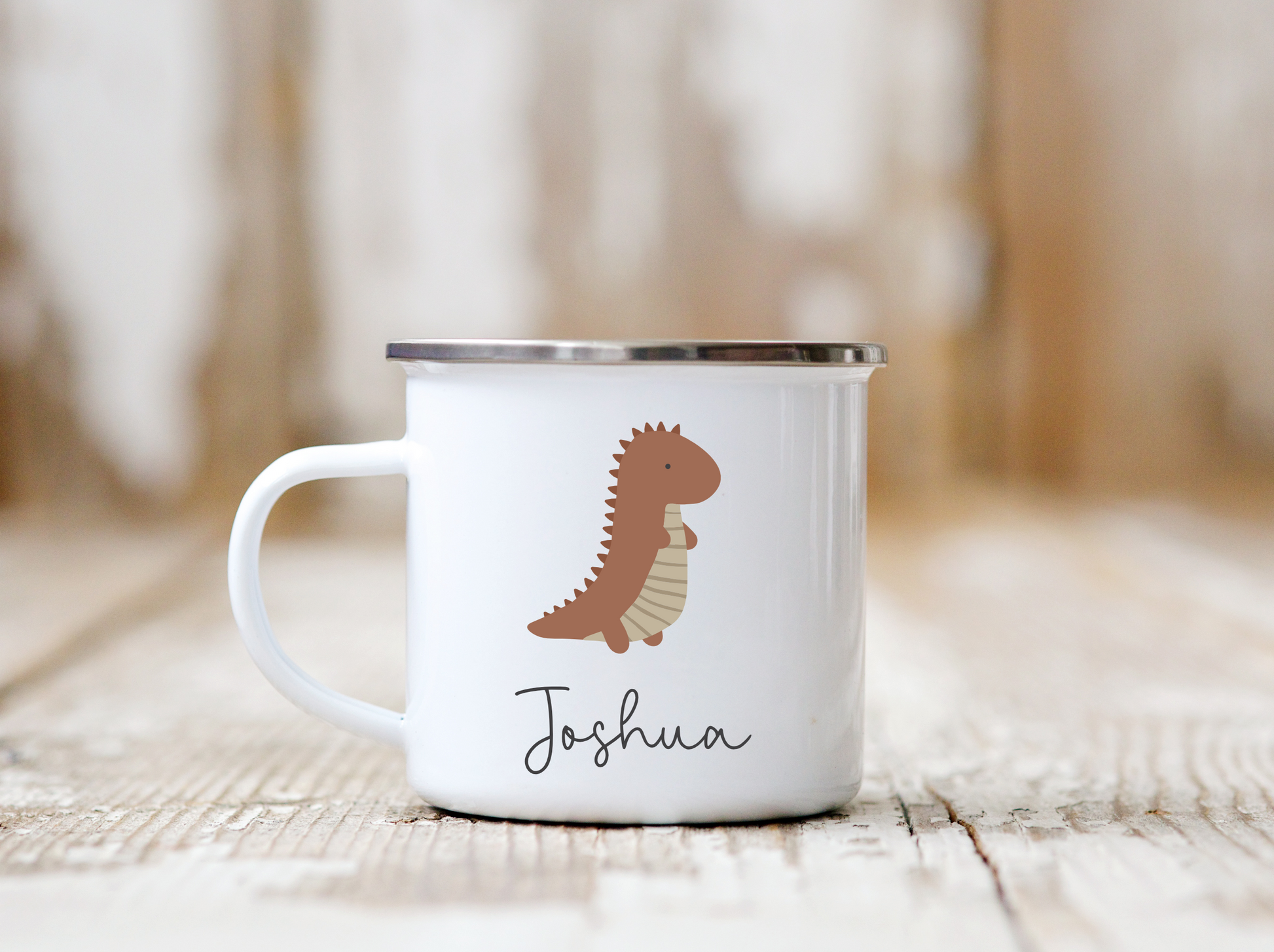 White enamel mug with rust boho dinosaur, personalised with name.