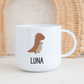 White polymer mug with cute boho dinosaur illustration, personalised with name