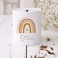 White ceramic money box with boho rainbow  in muted tones. Personalised with name.