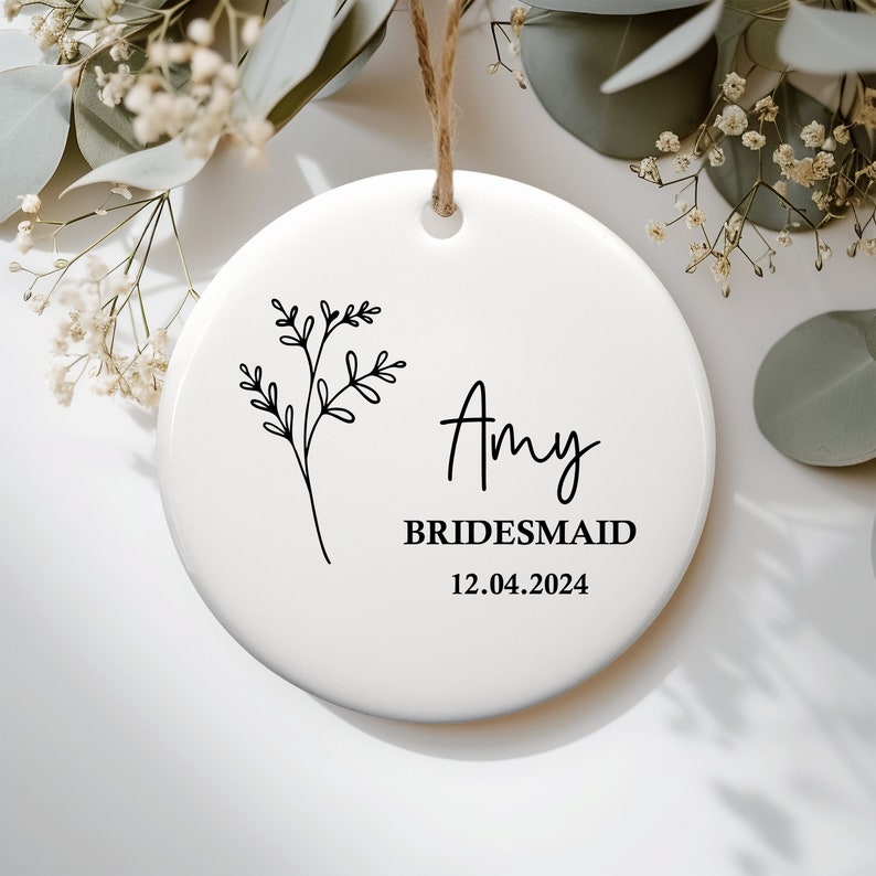 White Ceramic Personalised Bridesmaid ornament with botanical floral doodle