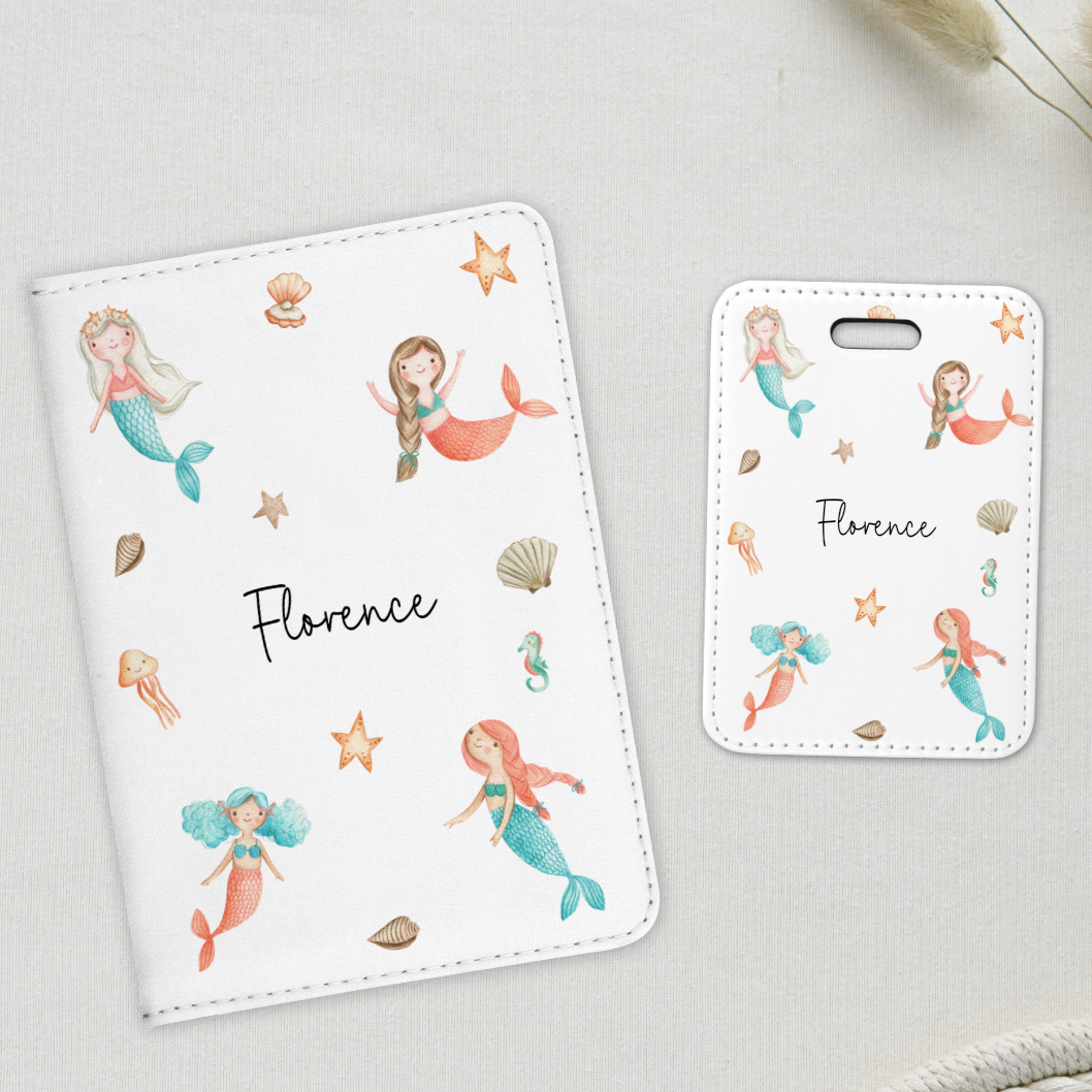 White passport cover and luggage tag with mermaid design, personalised with name