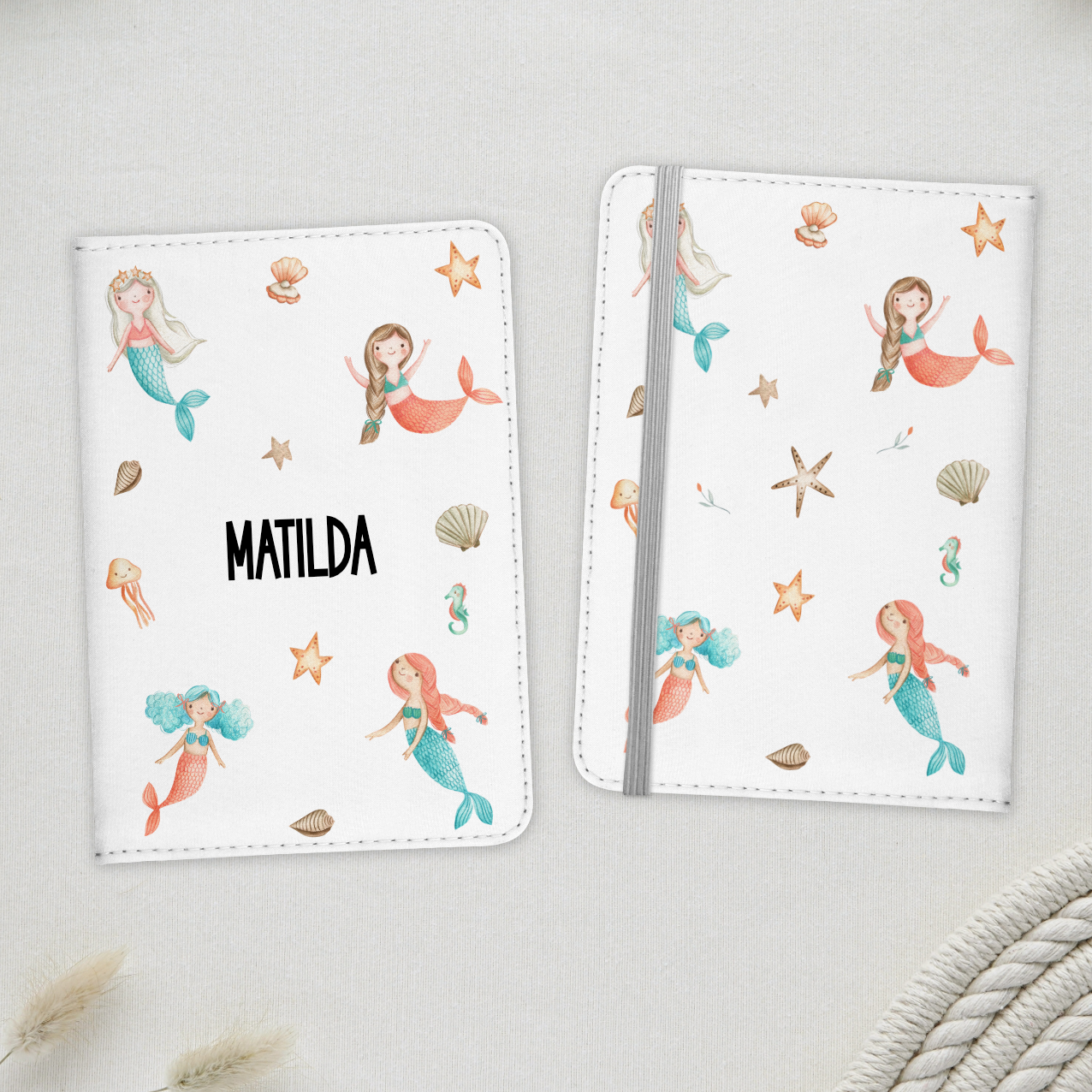 White passport cover and luggage tag with mermaid design, personalised with name