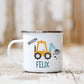 Enamel mug with yellow digger illustration, personalised with name