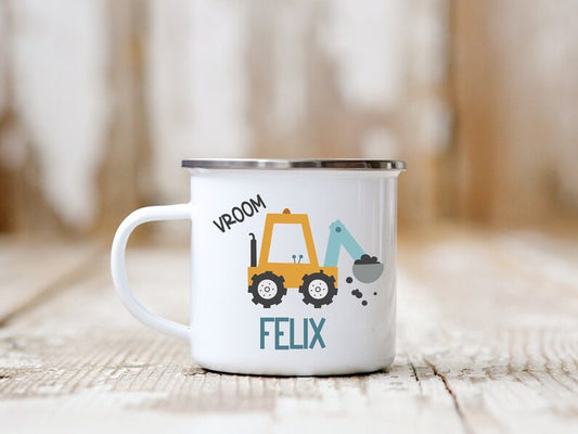 Enamel mug with yellow digger illustration, personalised with name