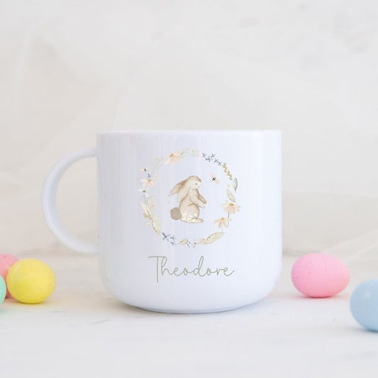 White polymer mug with cute easter bunny and floral wreath, personalised with name