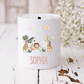 White ceramic money box with coin slot. Cute jungle safari illustration, personalised with name. 