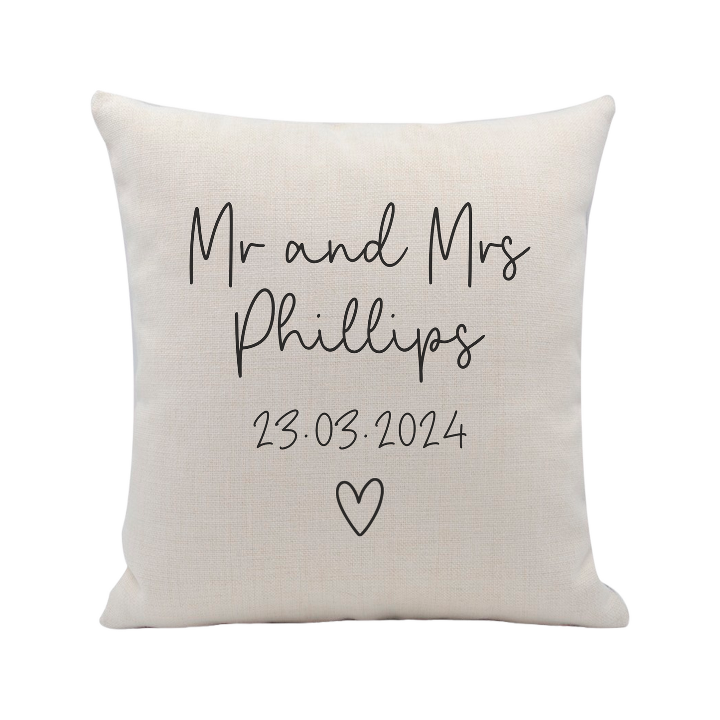 a white pillow with the words mr and mrs phillips on it