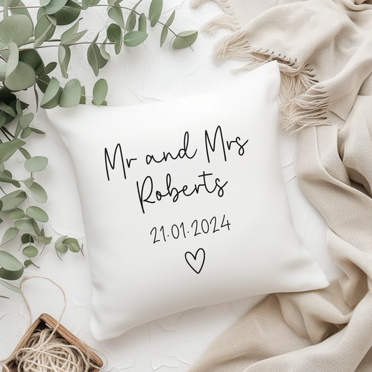 Personalised white pillow with Mr and Mrs (Surname) with date and minimalist heart detail