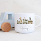 6oz polymer mug with train and safari animals illustration. Personalised with name under image.