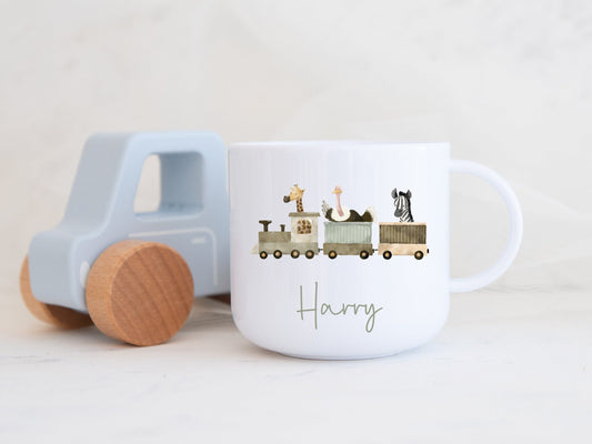 6oz polymer mug with train and safari animals illustration. Personalised with name under image.