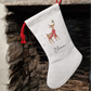 Off white linen-like stocking with cute Christmas pudding illustration, personalised with name in black script font.