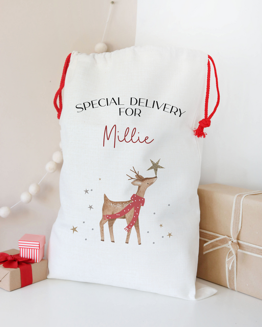 White sack with reindeer design and text 'Special Delivery for Millie' on a light background