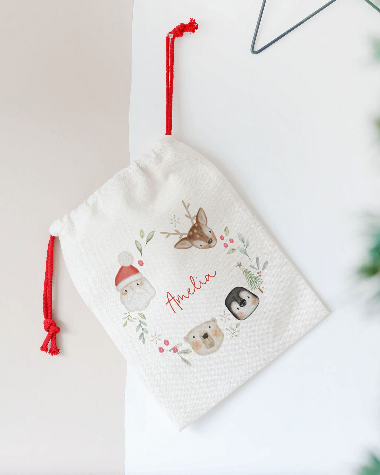 Decorative pouch with illustrations and text hanging on a white wall.