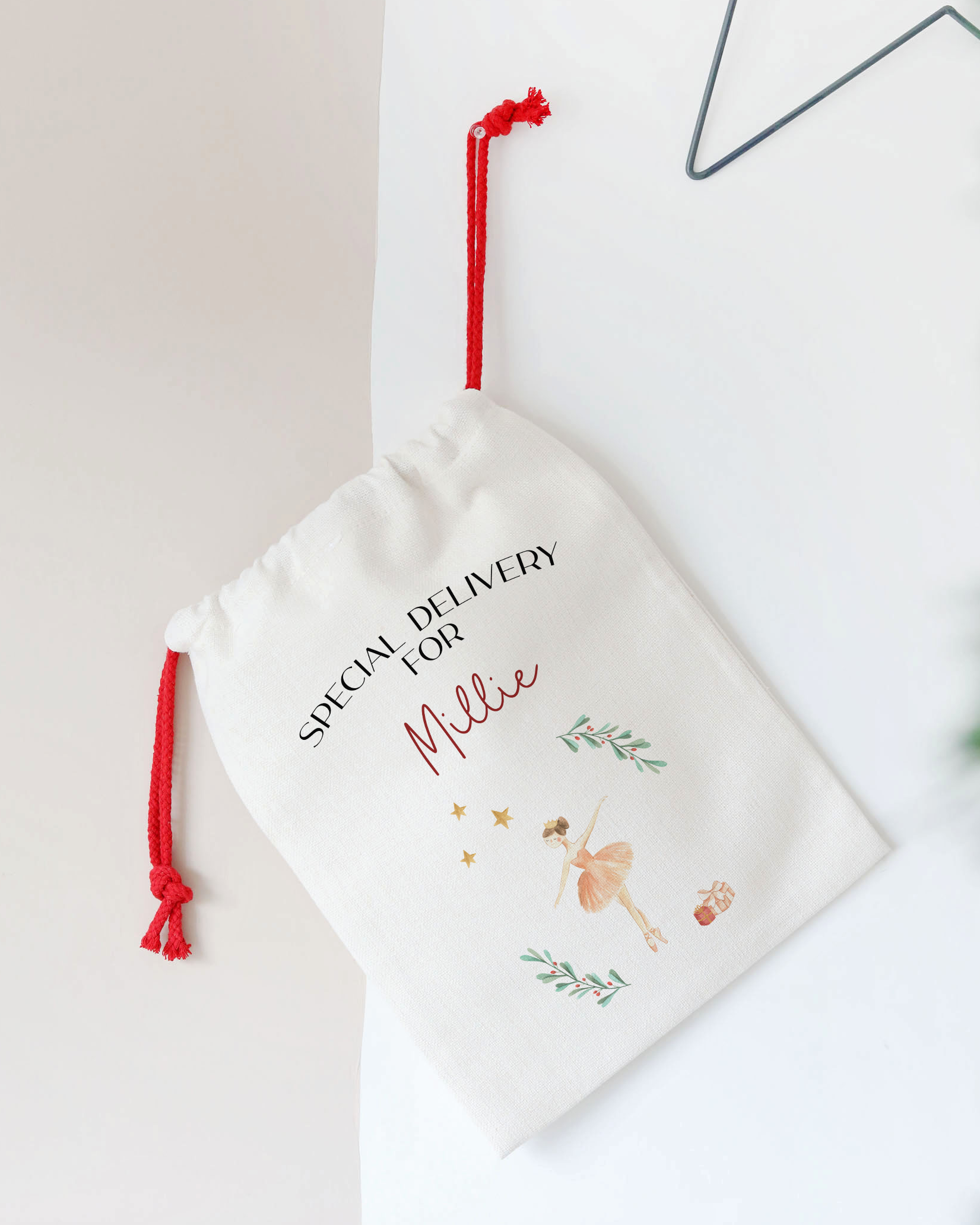 Personalized gift bag with text and graphics on a light background