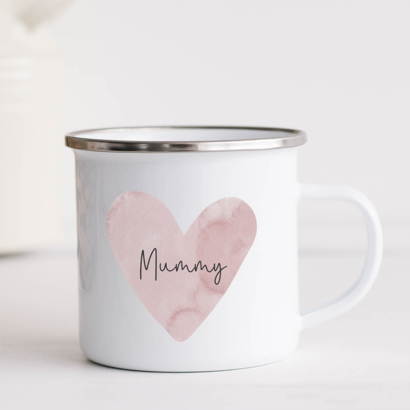 Enamel Mug with pink watercolour heart and mummy