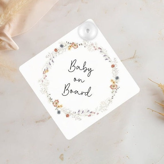 Baby on board car sign with wildflower wreath