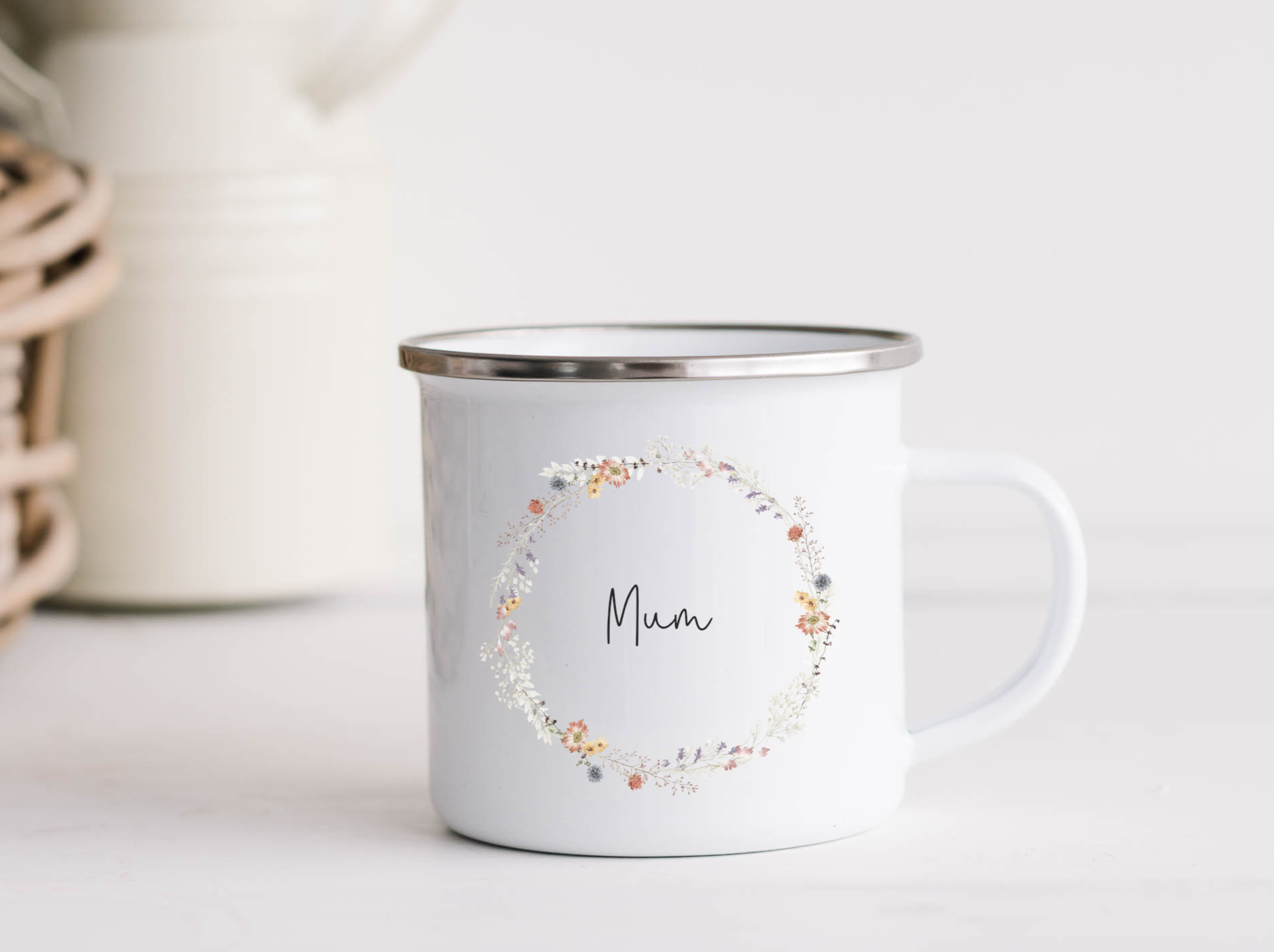 Enamel mug with wildflower wreath and mum text